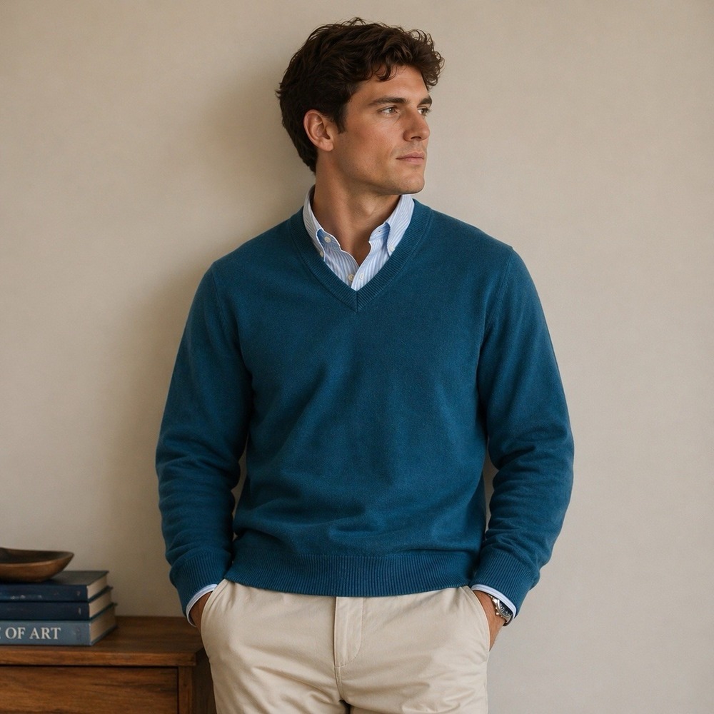 L.L. Bean Cashmere Blend Sweater Mens 2XL Teal Blue Lightweight Preppy V-Neck